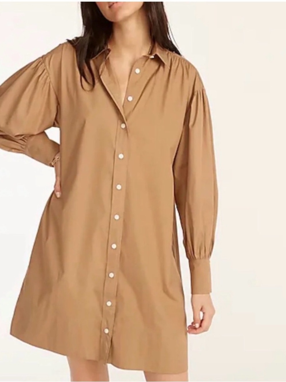 J Crew Puff-Sleeve Cotton Poplin Mini Shirtdress Tan Size Medium
